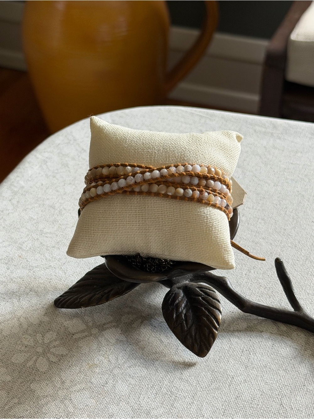 Chan Luu Cream Champagne Gray Faceted Stone Leather Triple Wrap Bracelet